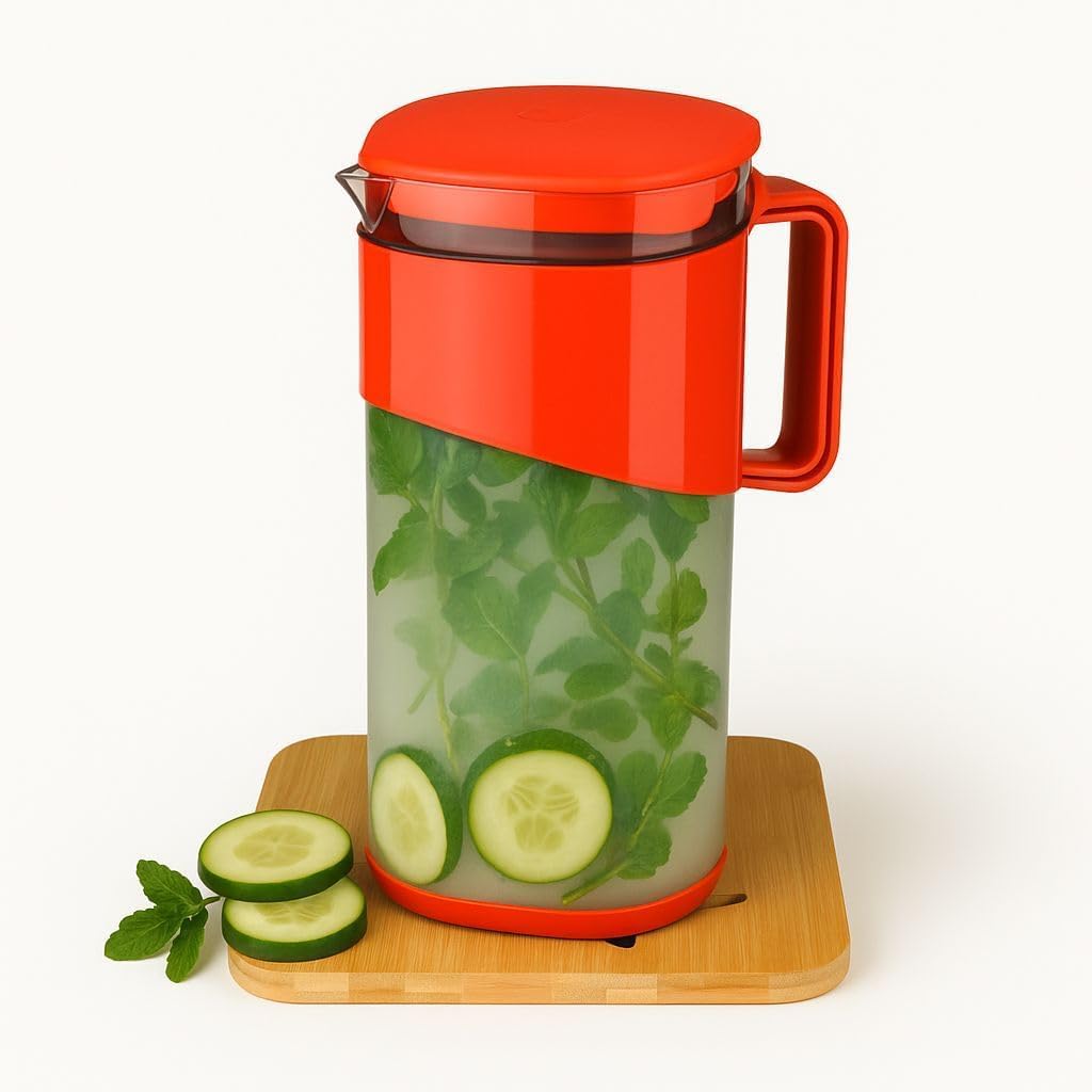 Square Water Jug with Lid & 4 Glass Set - BPA-Free Plastic, 1800ml Jug & 300ml Glass, Red