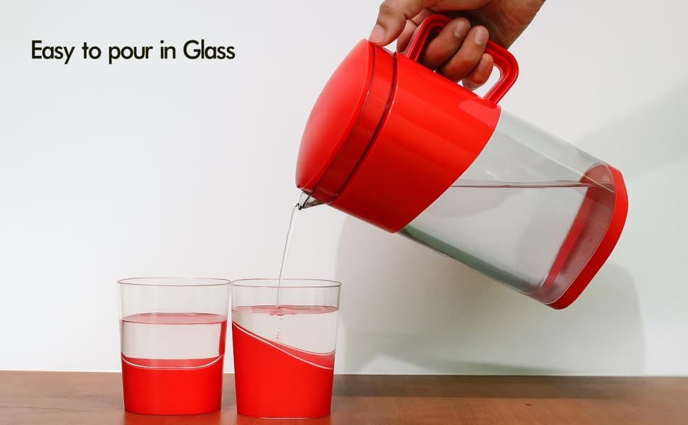 Square Water Jug with Lid & 4 Glass Set - BPA-Free Plastic, 1800ml Jug & 300ml Glass, Red