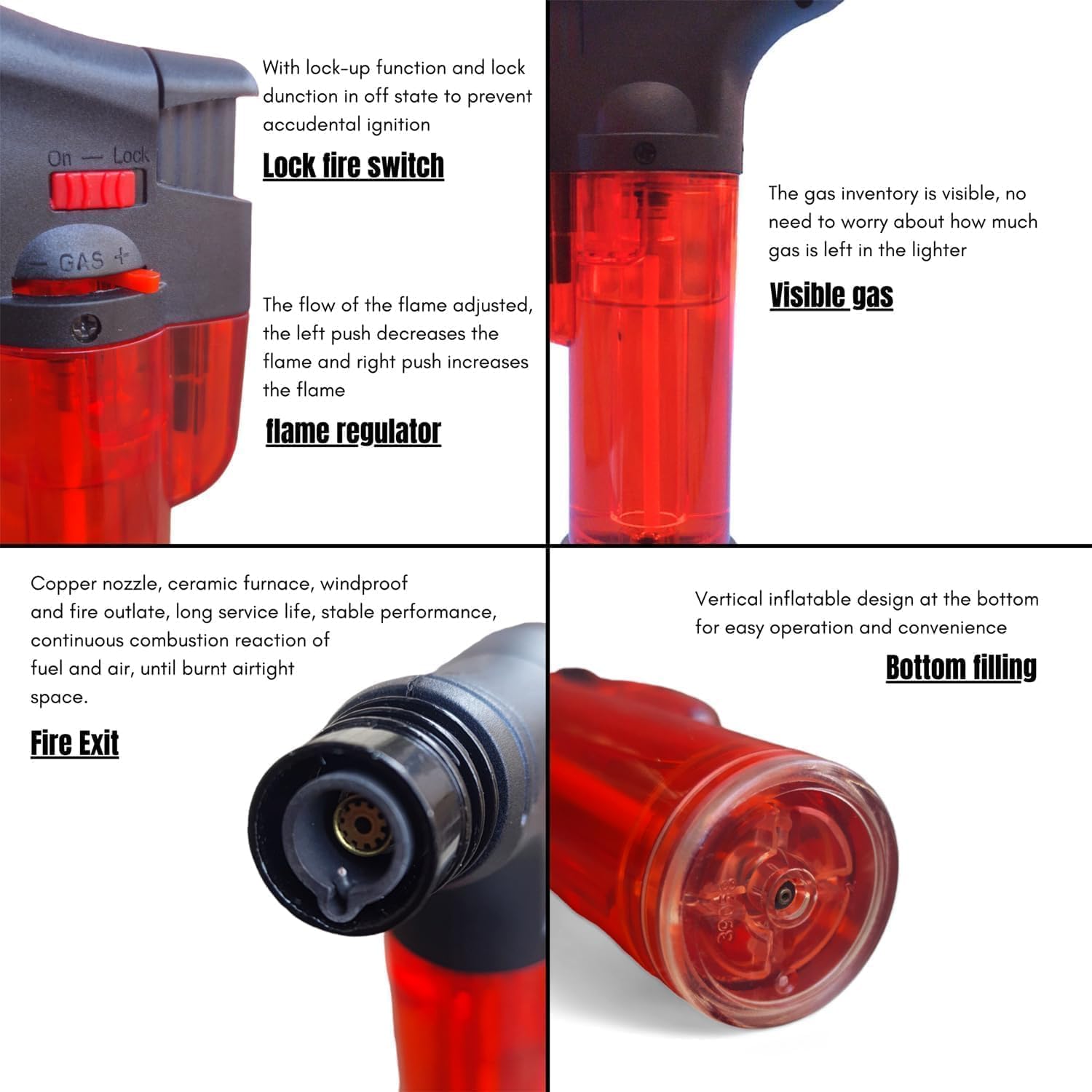 Jet Flame Gas Lighter - Windproof, Refillable, Torch Lighter with Safety Lock & Clear Fuel Tank